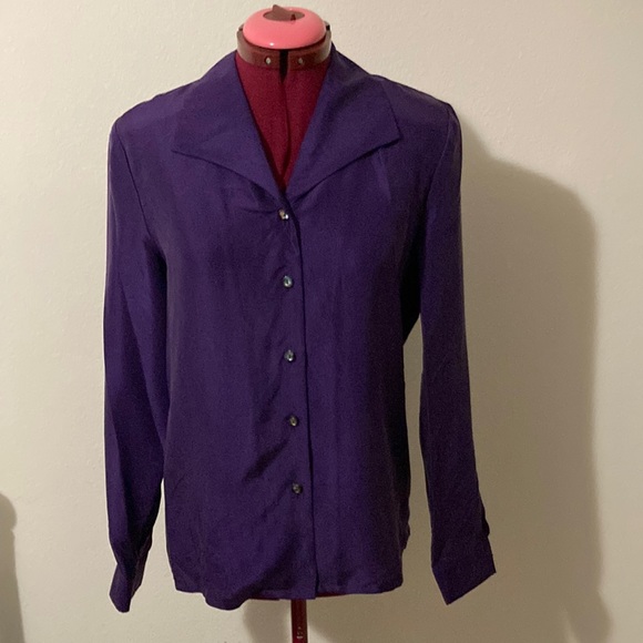 NWT SOLILOQUY 100% SILK vintage long sleeves purple/plum blouse, shoulder pads - Picture 1 of 10